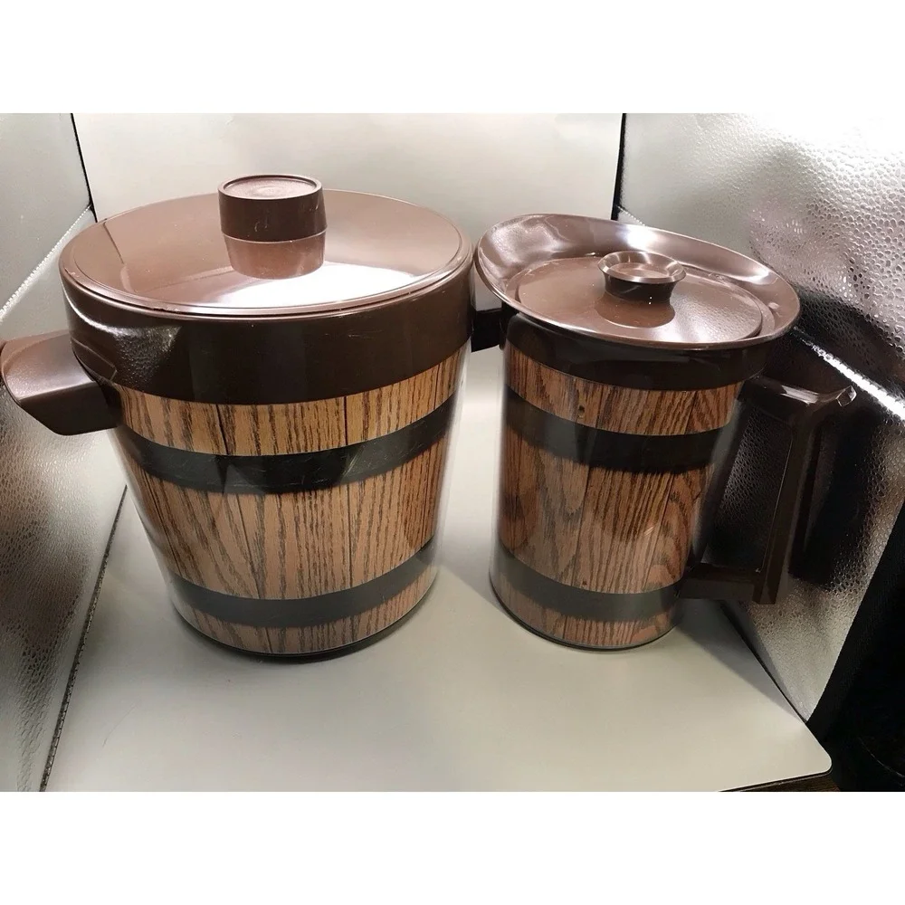 Ice Bucket And Pitcher Wood grain Look Pitcher Marked Thermo-Serv Bucket Unmarke